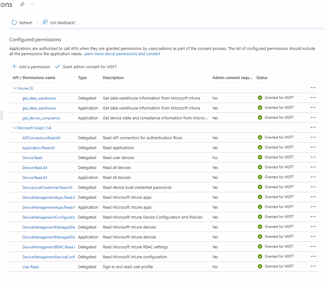 Intune configured permissions in Azure portal