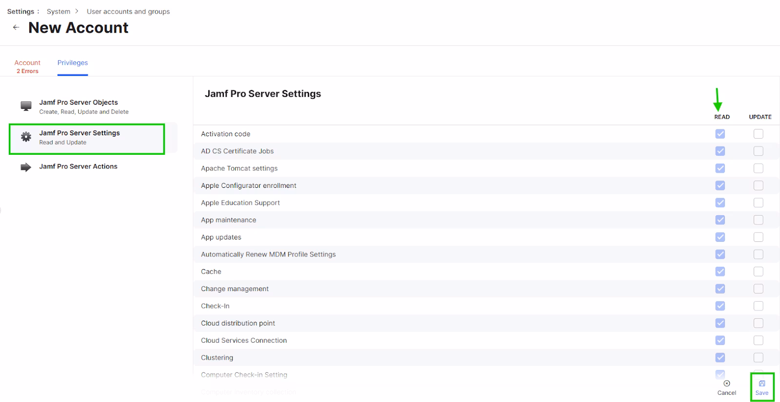 jamf privileges server settings