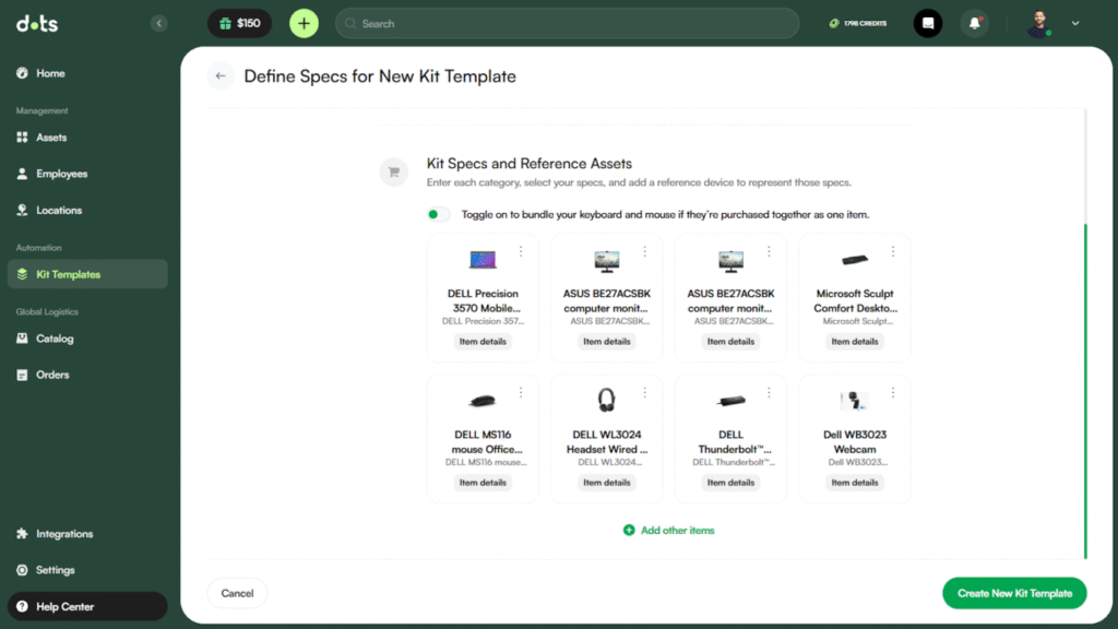 Dots kit template setup screen