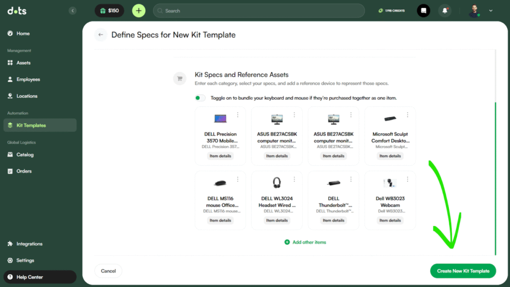 Dots: Define new kit template