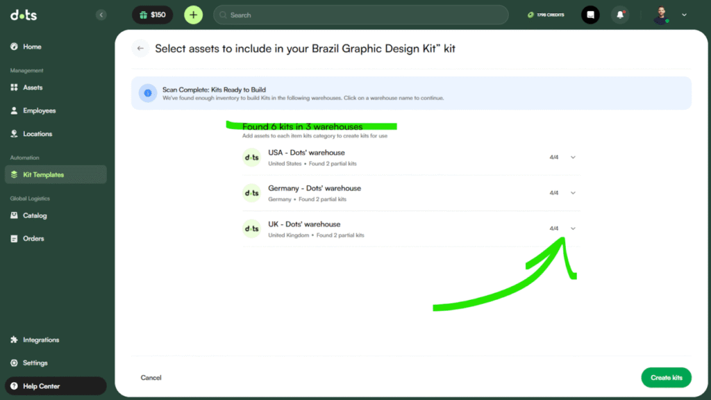 Dots interface showing kit creation options.