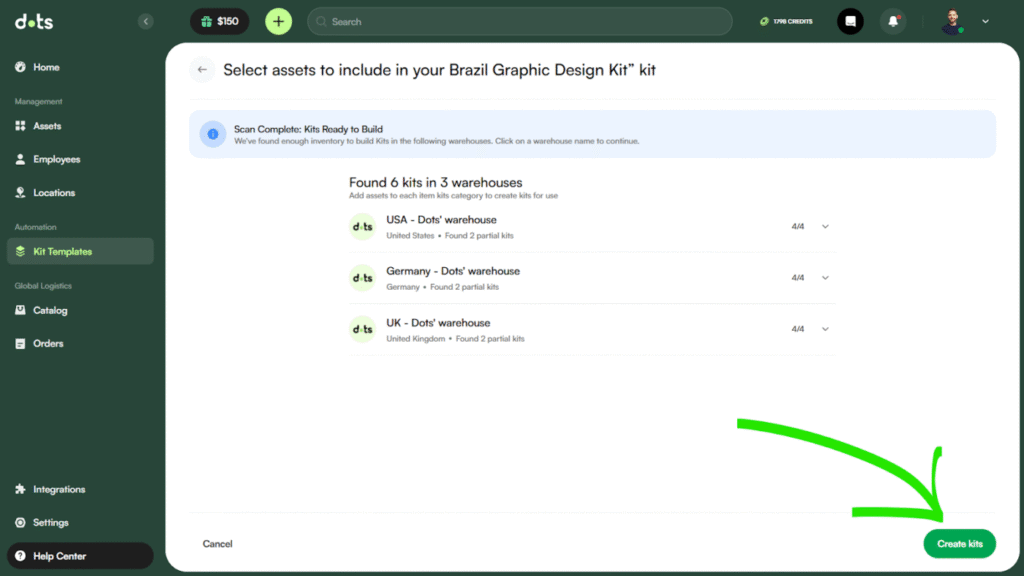 Dots kit templates screen showing warehouse options.