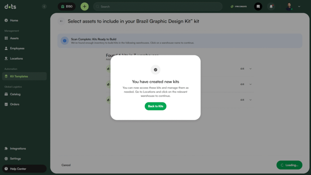 Dots platform: New kit creation confirmation.