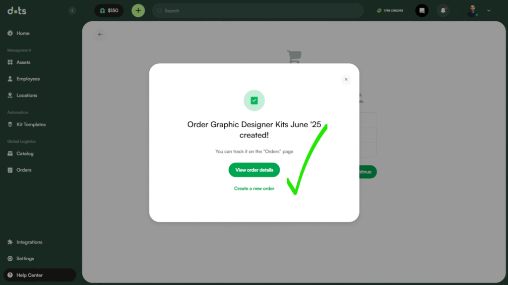 Order confirmation for graphic designer kits.