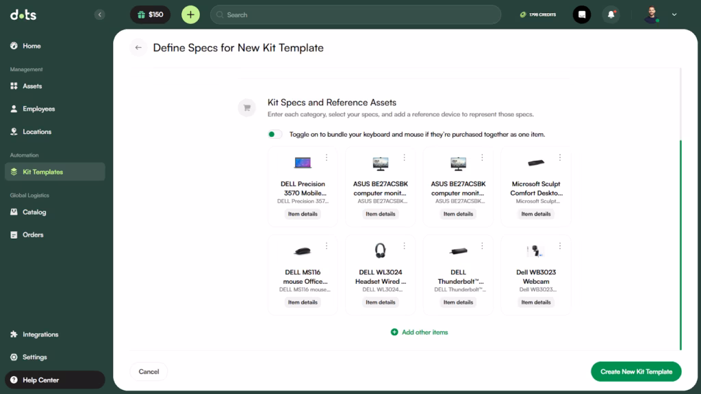 Kit template creation interface