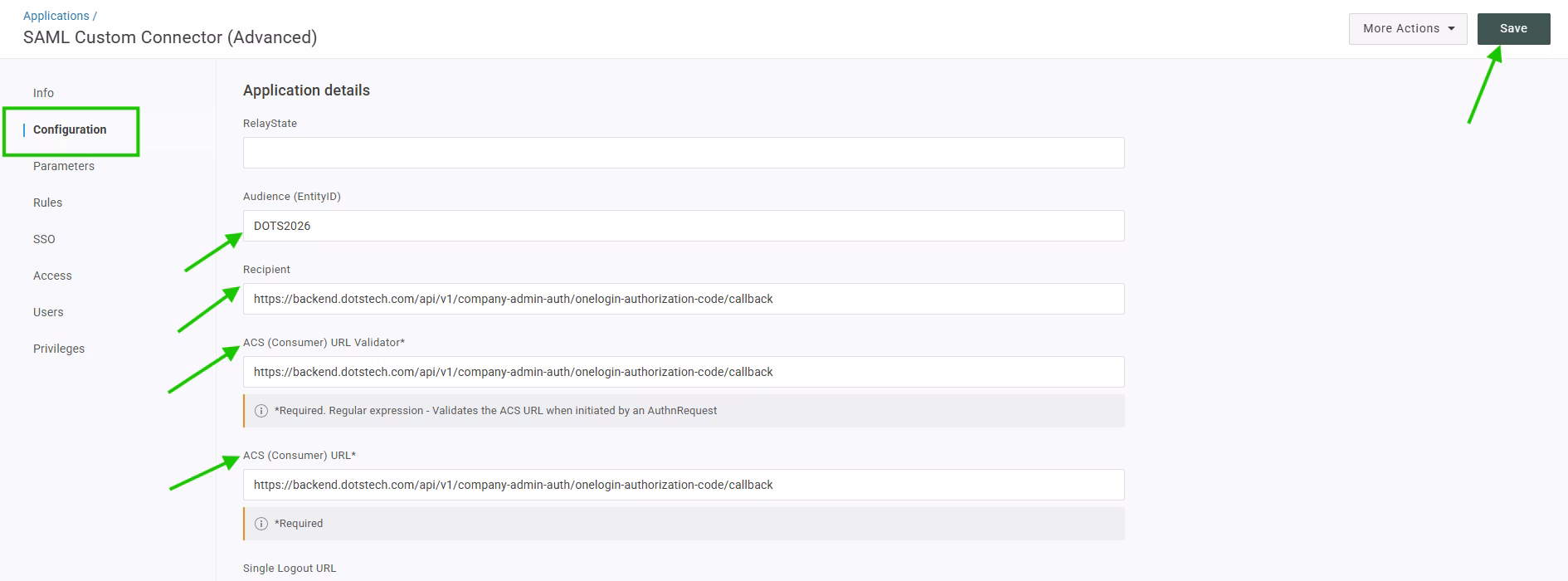 OneLogin SAML application configuration form with Audience, Recipient and ACS URL fields filled in