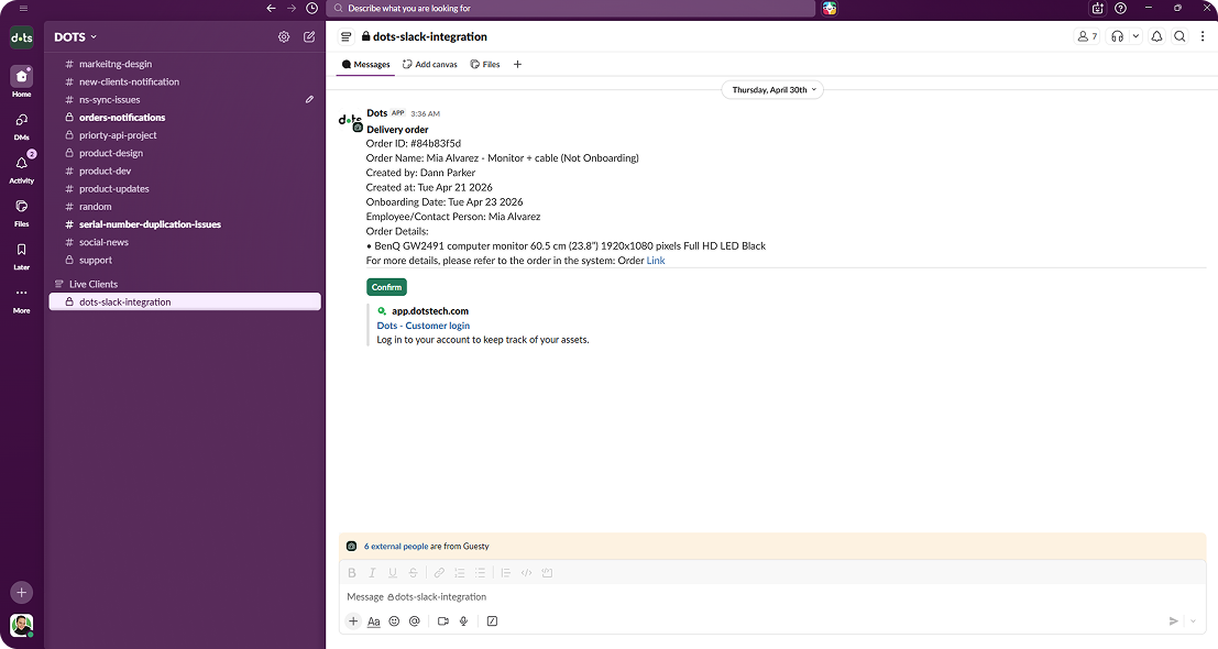Dots Slack notification for a delivery order awaiting confirmation