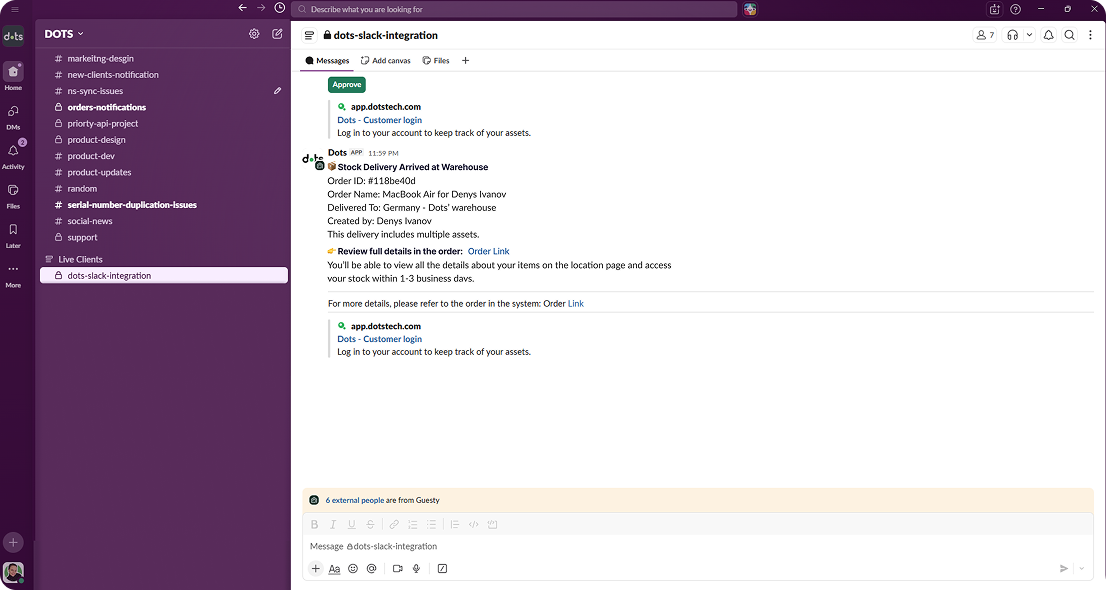 Dots Slack notification confirming your devices have arrived at the warehouse