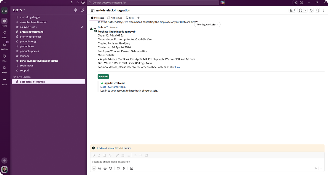 Dots Slack notification for a purchase order awaiting your approval